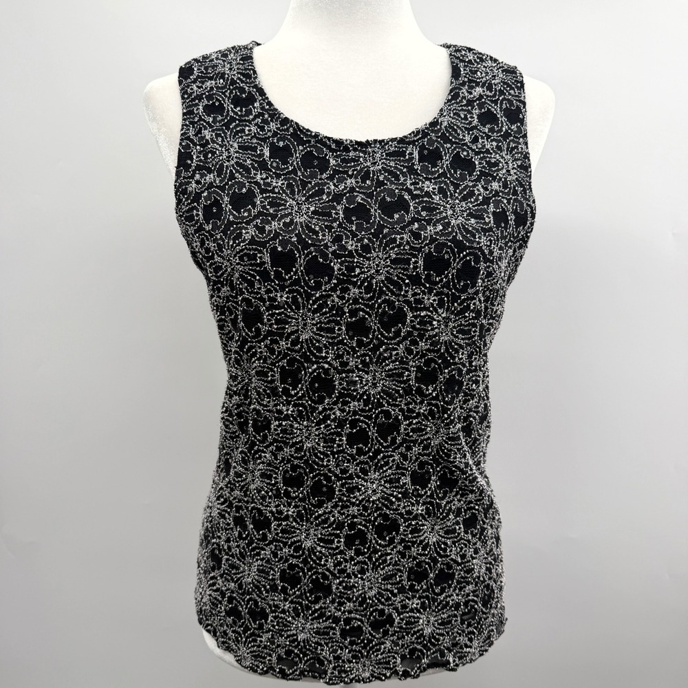 Vintage Y2K Lace Stretch‎ Rhinstone Bling Floral Embroidered in Black Size L Top